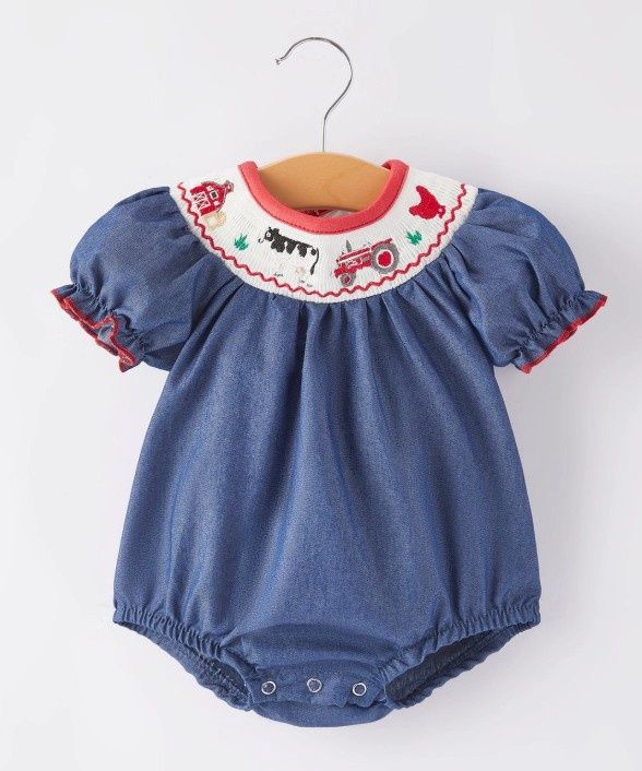 Girls Blue Farm Smocked Embrd Romper
