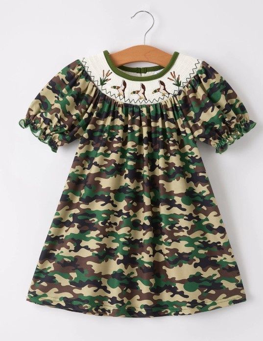 Girls Smocked Duck Camo LS Dress