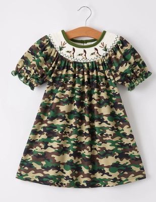 Girls Smocked Duck Camo LS Dress
