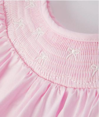 Girls Pink Smocked white bow embrd Dress