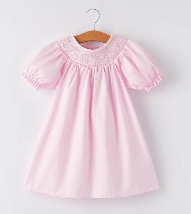Girls Pink Smocked white bow embrd Dress