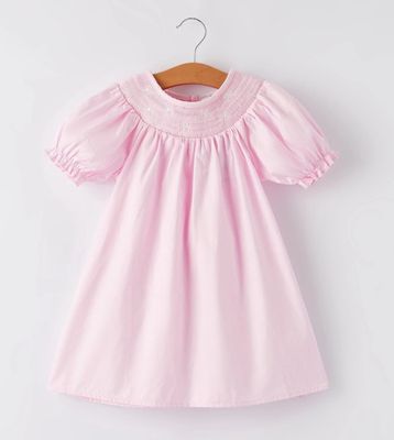 Girls Pink Smocked white bow embrd Dress