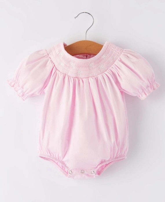Girls Pink Smocked Embrd white bow romper