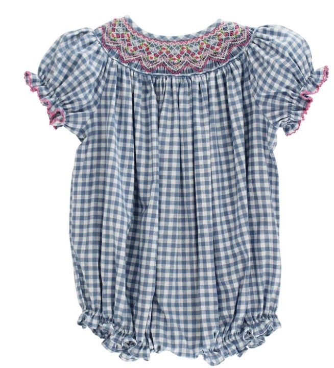 Denim Gingham Smocked Pink Geo Romper