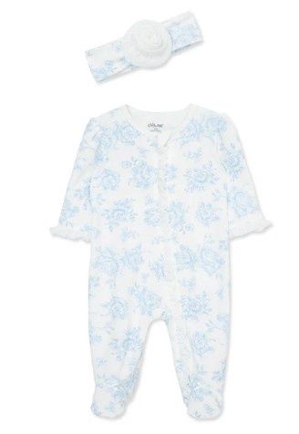 Blue Roses 2 Way Zip Footie with Headband