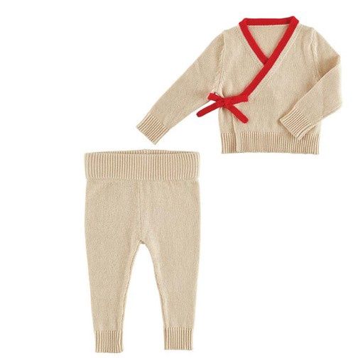 Beige &amp; Red Knit Wrap Set