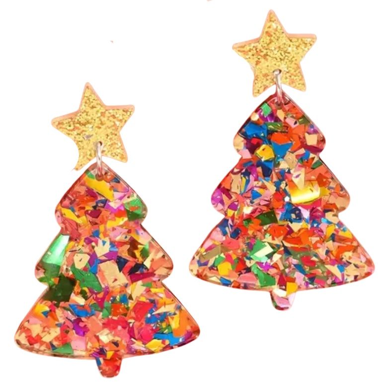Clear Glitter Tree Dangle Earrings