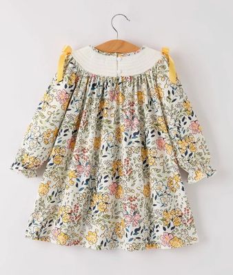 Fall Embrd Smocked Bow Floral Leaf Dress