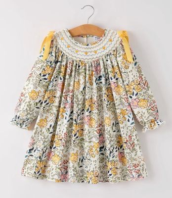 Fall Embrd Smocked Bow Floral Leaf Dress