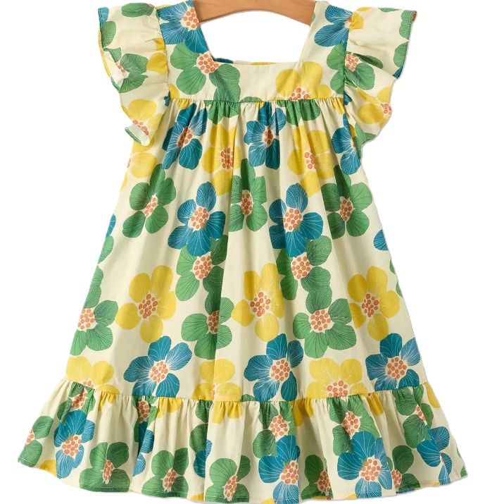 Yellow Floral Square Neck Ruffle Dress