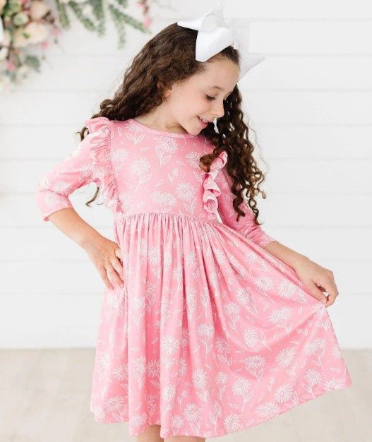 Dahlia Doodles 3/4 Sleeve Ruffle Twirl Dress