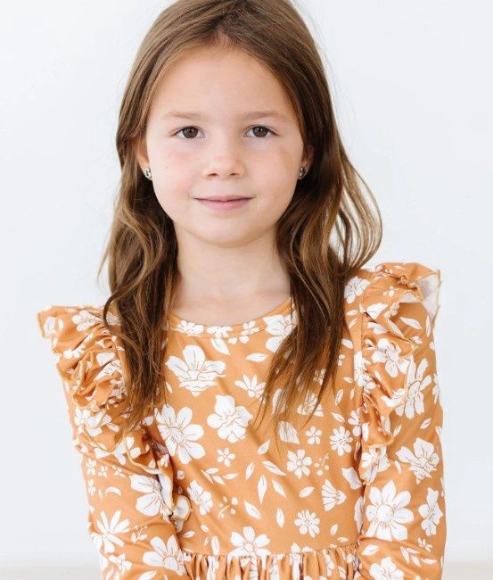 Golden Blooms 3/4 Sleeve Ruffle Twirl Dress