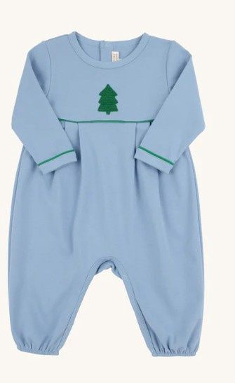 Long Sleeve Bradford Romper- Barrington Blue with Christmas Tree Embroidery