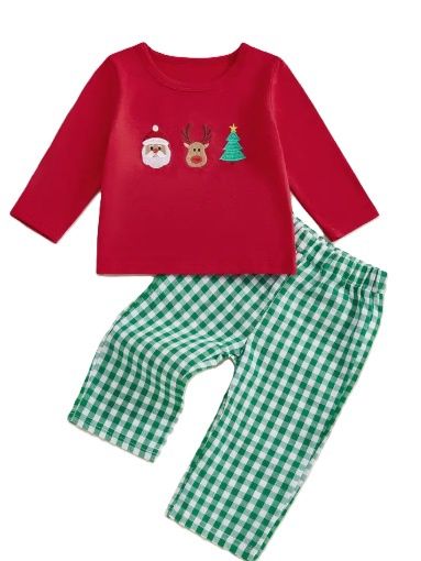 Green Gingham Pants Embroidered Christmas Set