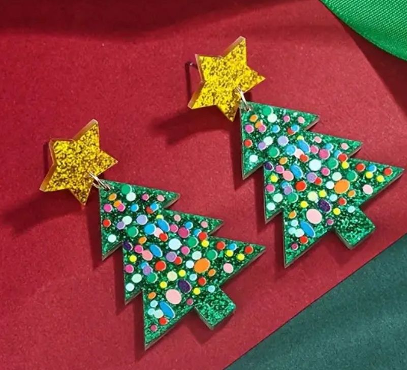 Painted Polk-a-dot Christmas Tree Earrings