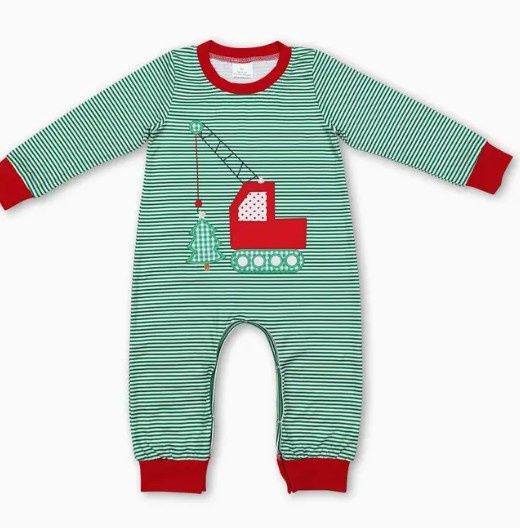 Green Stripe Excavator Christmas Romper