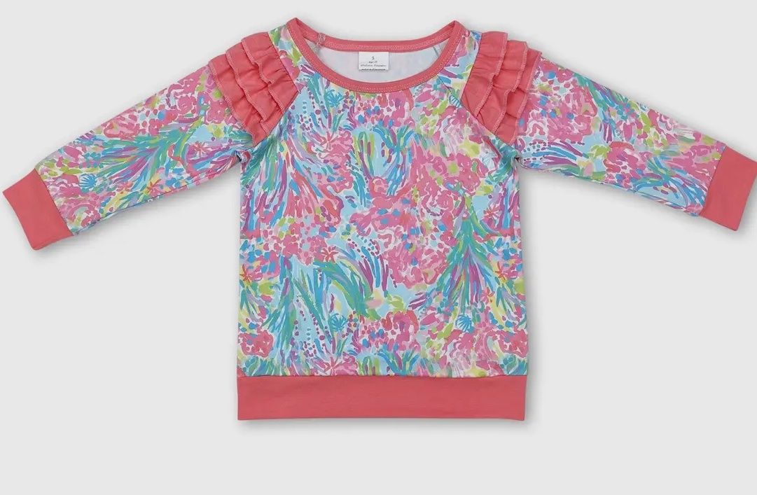 Pink Ruffle Shoulder Watercolor Long Sleeve