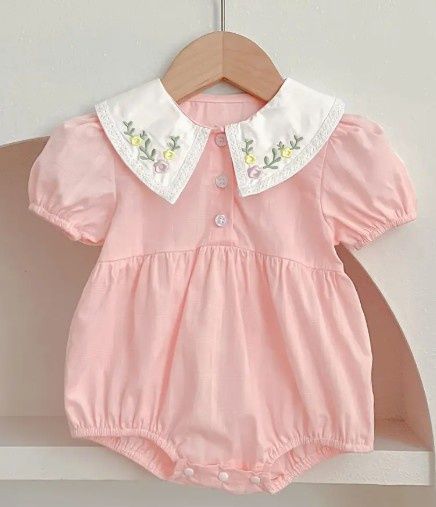 Embroidered Floral Collar Pink Baby Romper