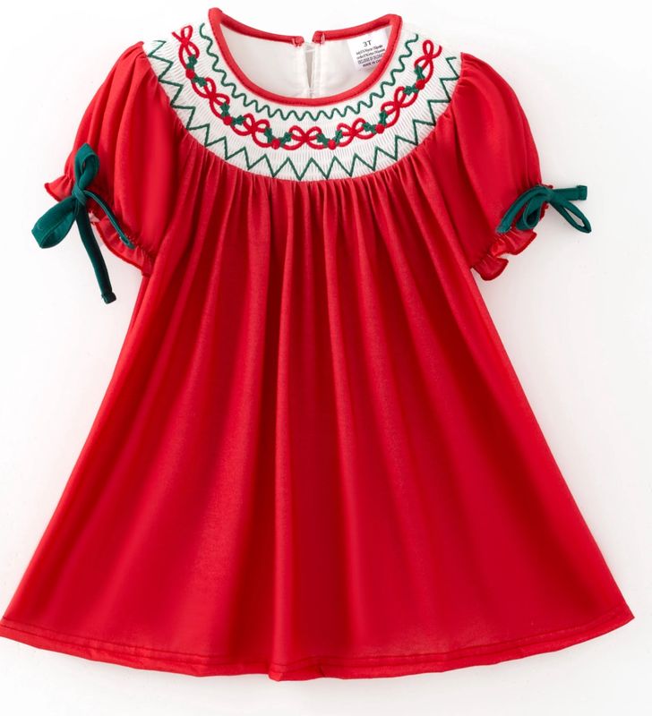 Smocked Christmas Bow Bishop Dress