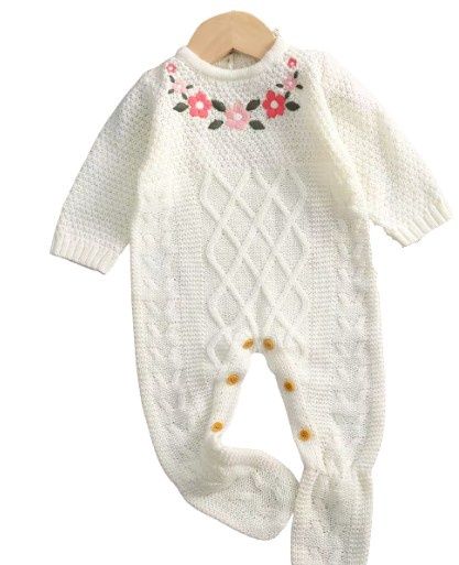 Cream Knit Floral Baby Footie