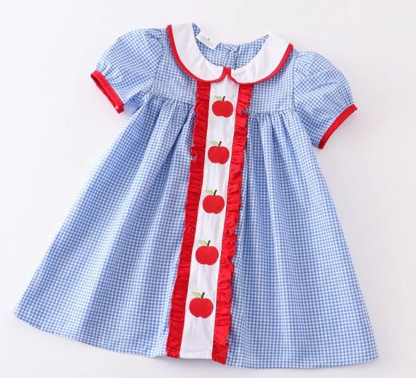 Back to School Apple Embroidery Woven Dress, Size: 3T