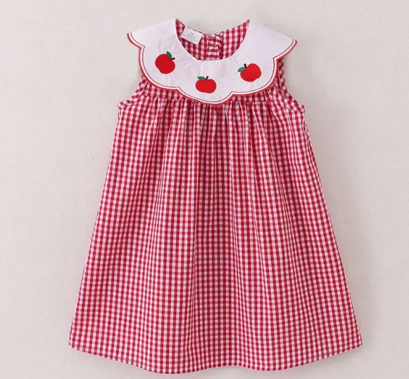 Red Gingham Embroidered Apple Dress, Size: 6