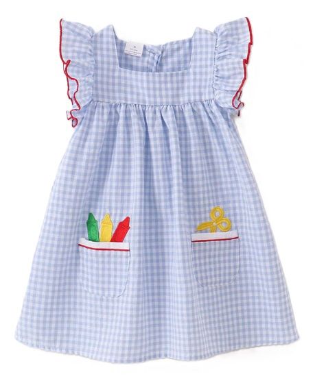 Blue Gingham Applique Crayon Dress, Size: 4T