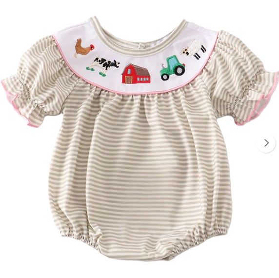 Brown Farm Embroidered Bubble, Size: 3M