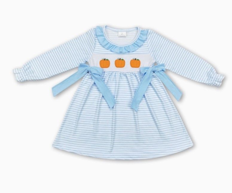 Blue LS Stripe Pumpkin Dress, Size: 2T