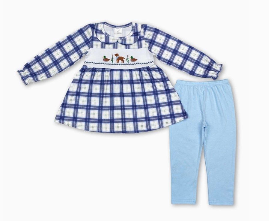 Blue Plaid LS Dog Duck Outfit, Size: 2T