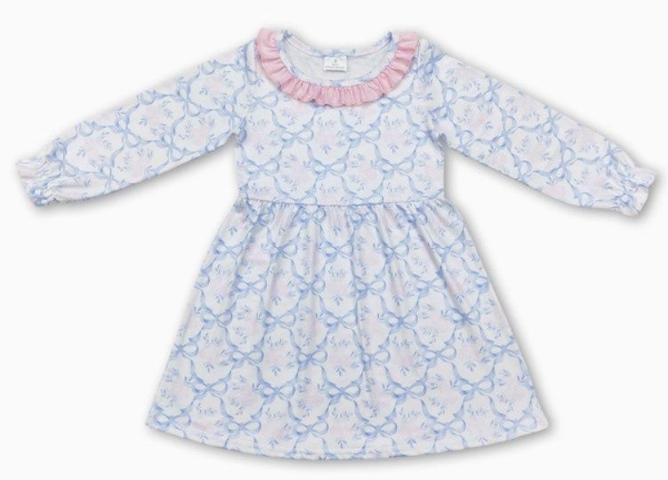 Blue LS Bow Roses Dress, Size: 2T