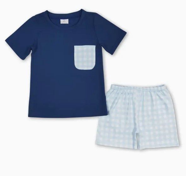 Navy Blue Gingham Pocket T Set, Size: 12/18M