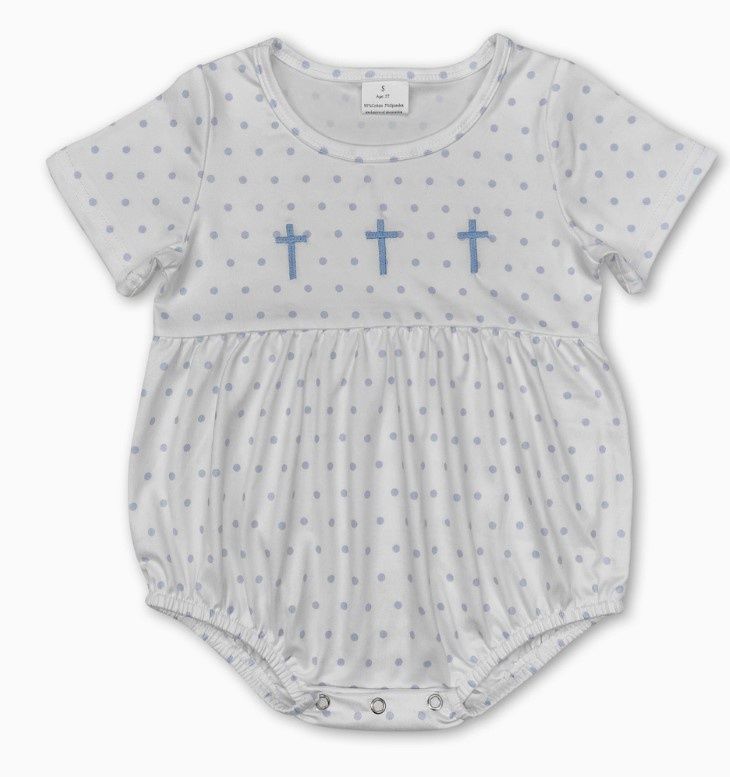 Blue polka dot Embd Cross Romper, Size: 0/3M