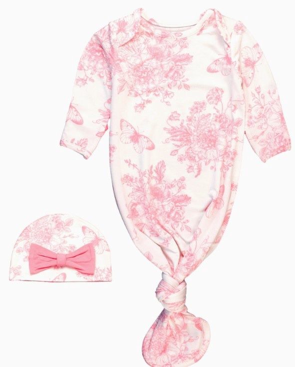 Newborn Butterfly Toile Bamboo Gown &amp; Hat Set