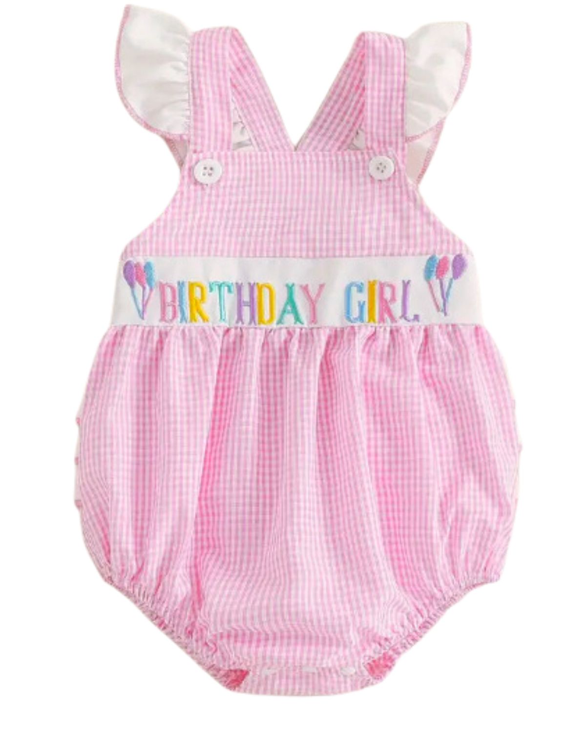 Pink Gingham Ruffle Butt Balloon Bday Romper, Size: 12/18M