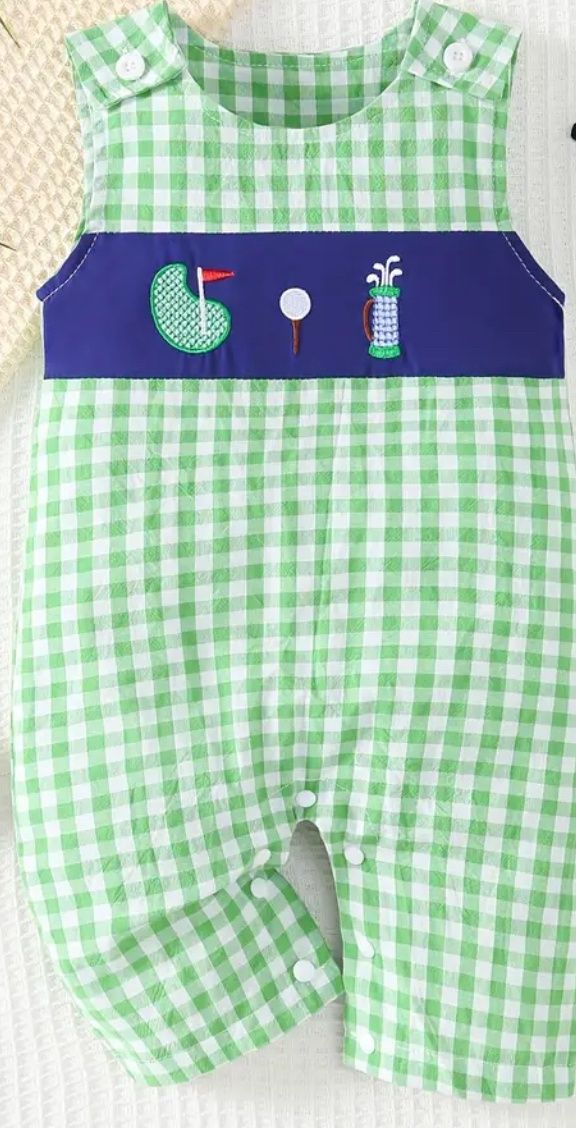 Green Gingham Golf John John, Size: 0/3M