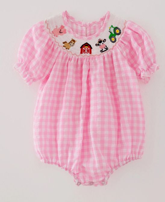 Pink Smocked Farm Bubble, Size: 6M