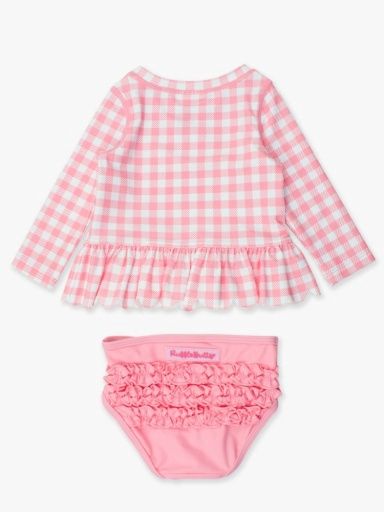 Pink Gingham Scalloped Long Sleeve Rash Guard 2-Piece