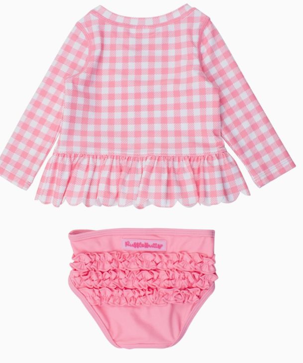 Pink Gingham Scalloped Long Sleeve Rash Guard 2-Piece