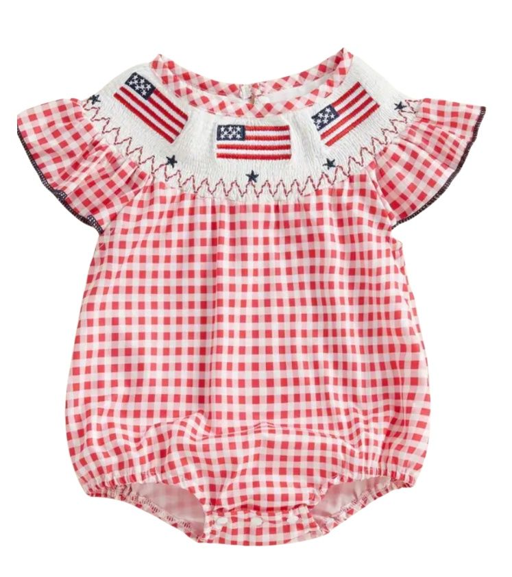 Smocked Red Gingham Flag Romper, Size: 0/3M