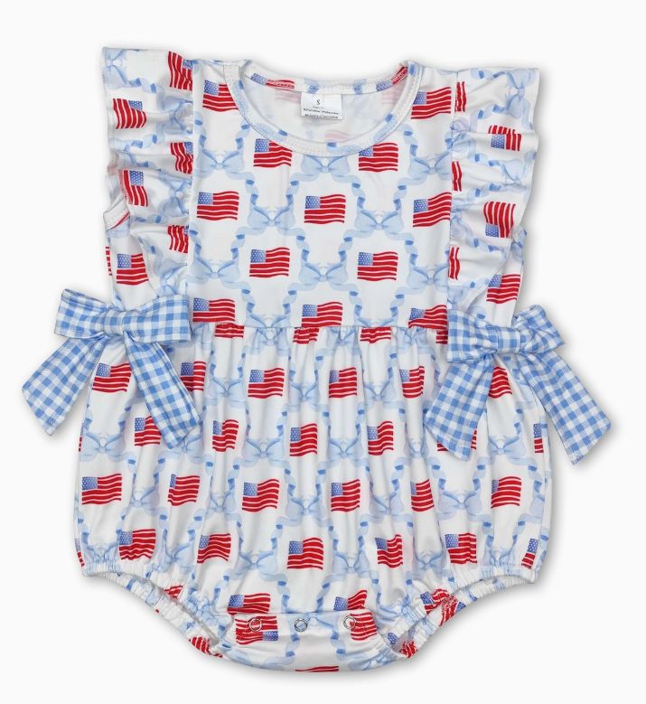 Flag Print Gingham Bow Romper