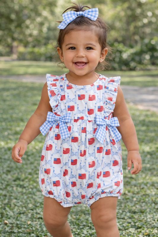 Flag Print Gingham Bow Romper