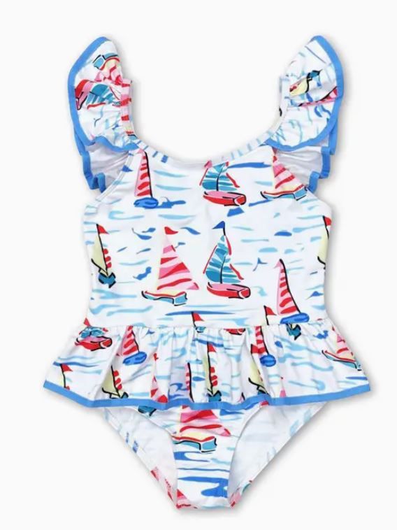 White Sailboat One Piece Swimsuit, Size: 6/12M