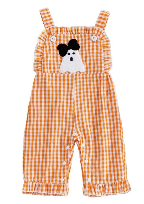Orange Gingham French Knot Ghost Long Romper