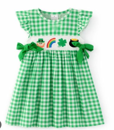 Girls Smocked St. Patricks Day Dress with Green Side Bows