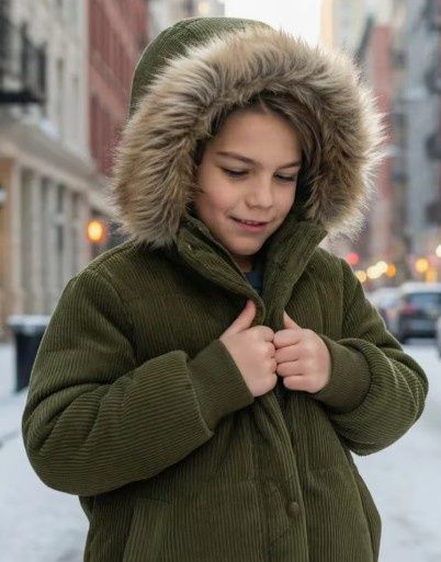 Green Corduroy Jacket with Fur Hood