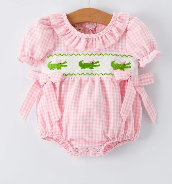 Smocked Pink Gingham Alligator Bubble