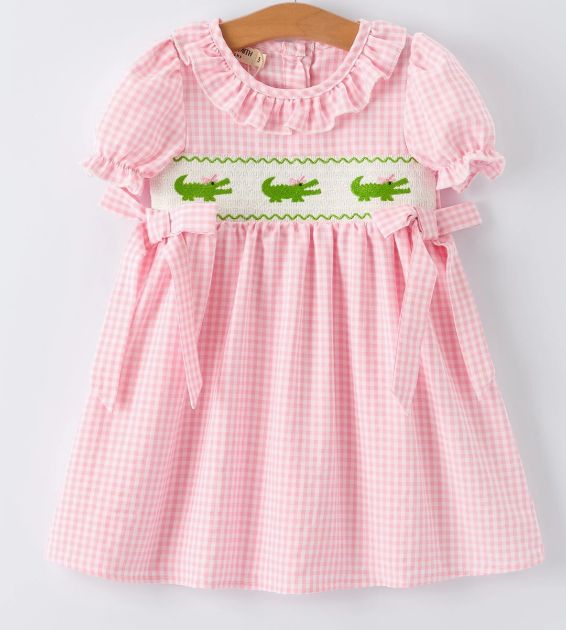 Pink Gingham Smocked Alligator Dress