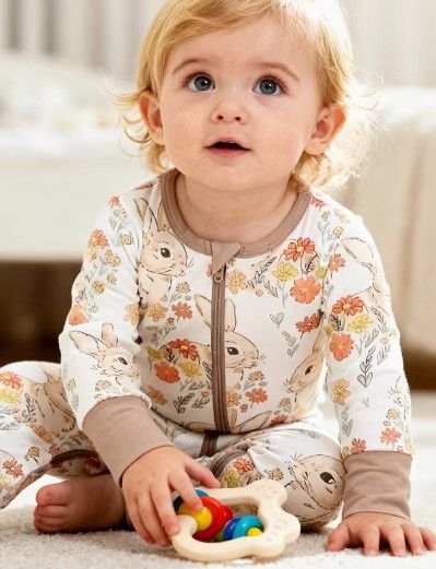 Tan Floral Bunny Bamboo Zippy