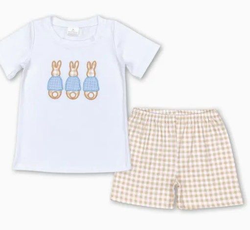 Boys White &amp; Tan Gingham Easter SS Set
